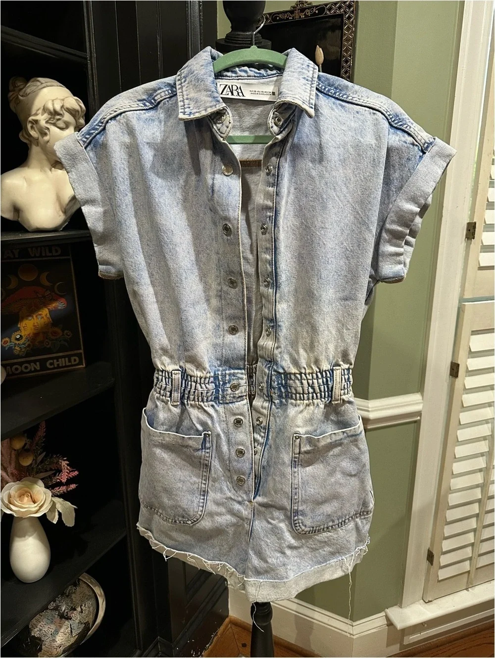 ZARA Light Blue Acid‑Wash Denim Romper – Size XS (Fits Small)